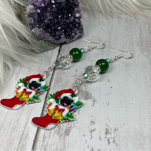 French Bulldog Acrylic Christmas Dangle Earrings Hand Crafted And Double Sided - Picture 4 of 12